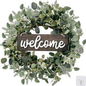 Green Eucalyptus Leaf Wreath Welcome Sign 20in Art for Front Door Wall‎ Window